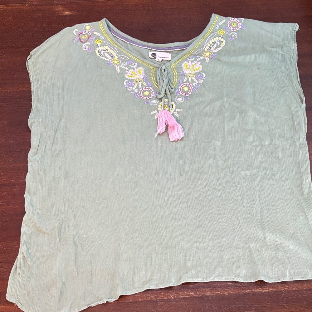 Floreat Sage Blouse with‎ Lavender and Pink Embroidery